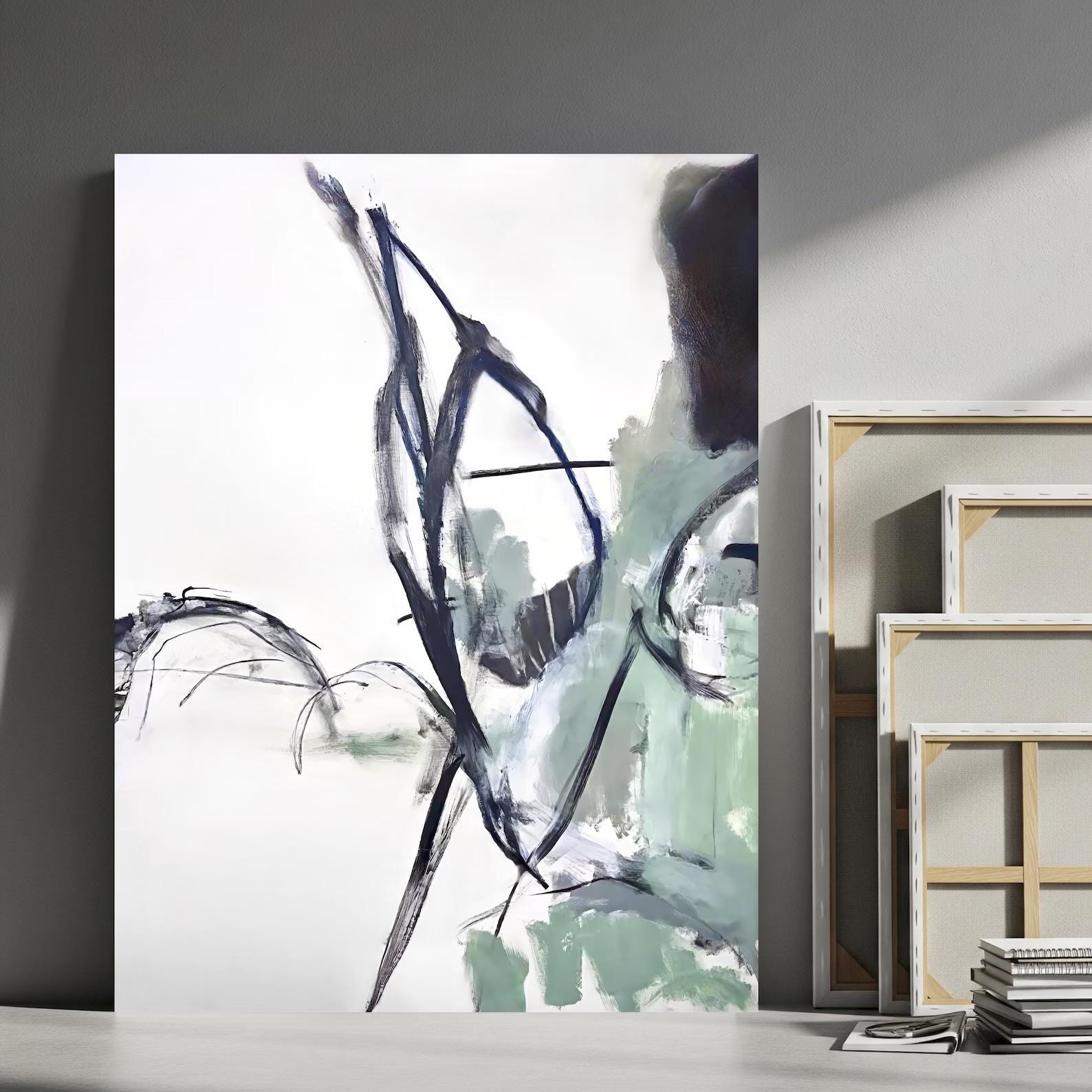 Abstract Green Ink Brushstroke Matte Canvas Framed | Modern Wall Art
