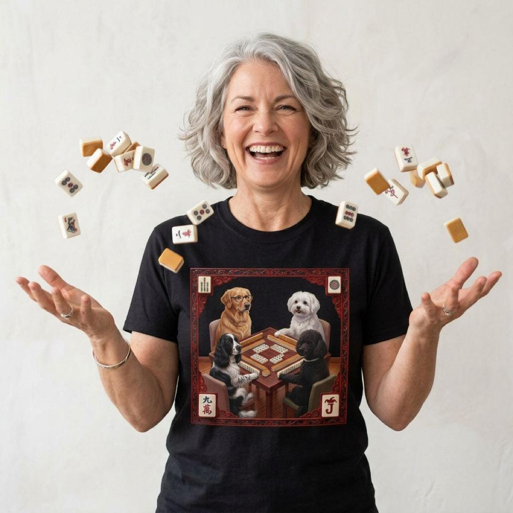 Dogs Playing Mahjong T-Shirt | Retro Pet Game Design