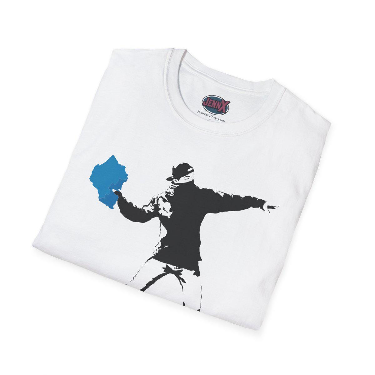 Blue Paint Chip Thrower T-Shirt | Street Art Protest Stencil