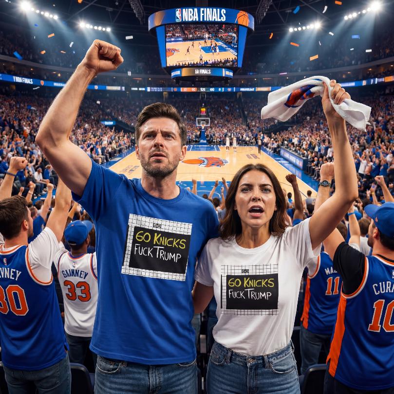 May include: A blue t-shirt and a white t-shirt, both featuring a black square graphic with the text 60 KNICKS FUCK TRUMP in yellow and white lettering, worn by two people in a crowded basketball arena during an NBA Finals game.