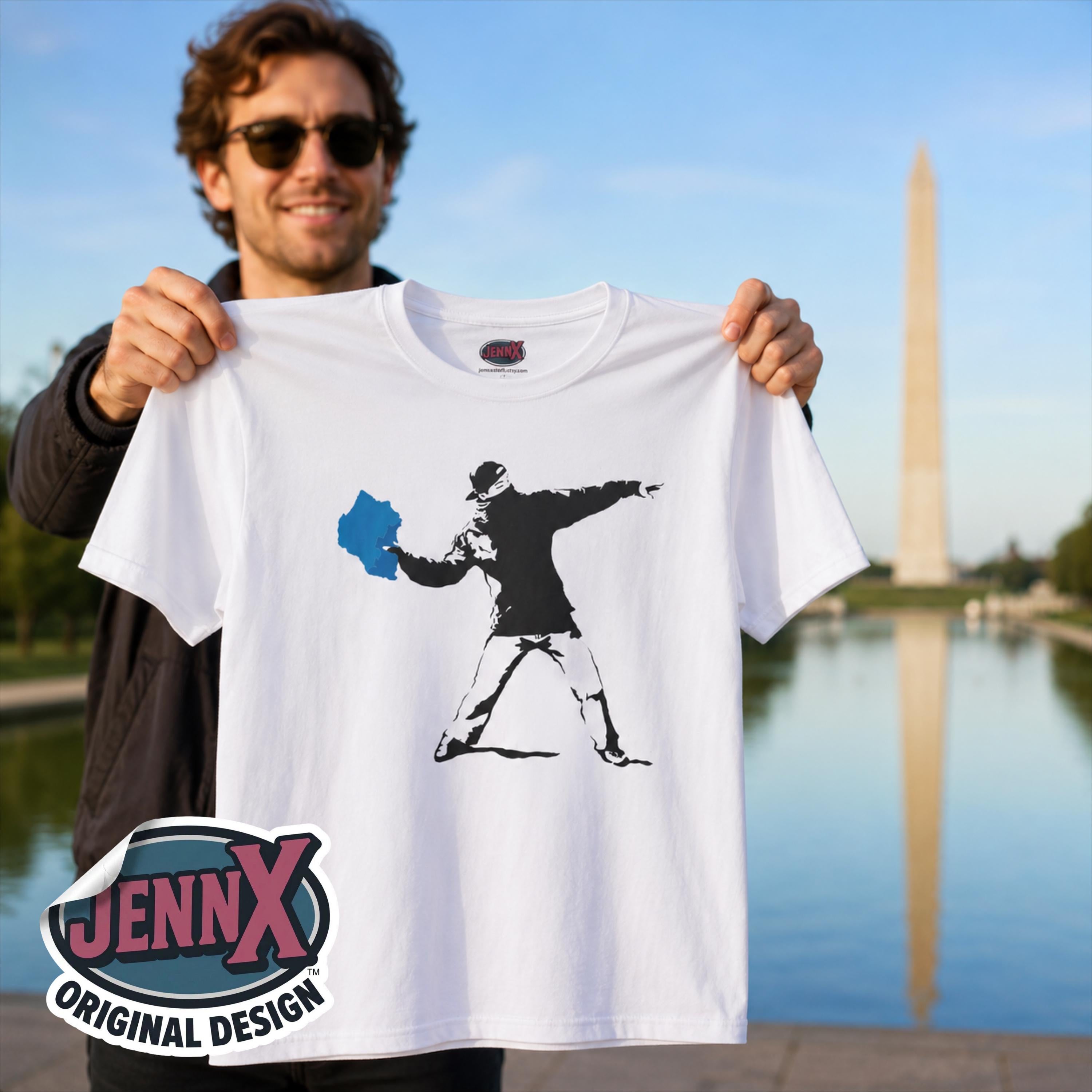 Blue Paint Chip Thrower T-Shirt | Street Art Protest Stencil
